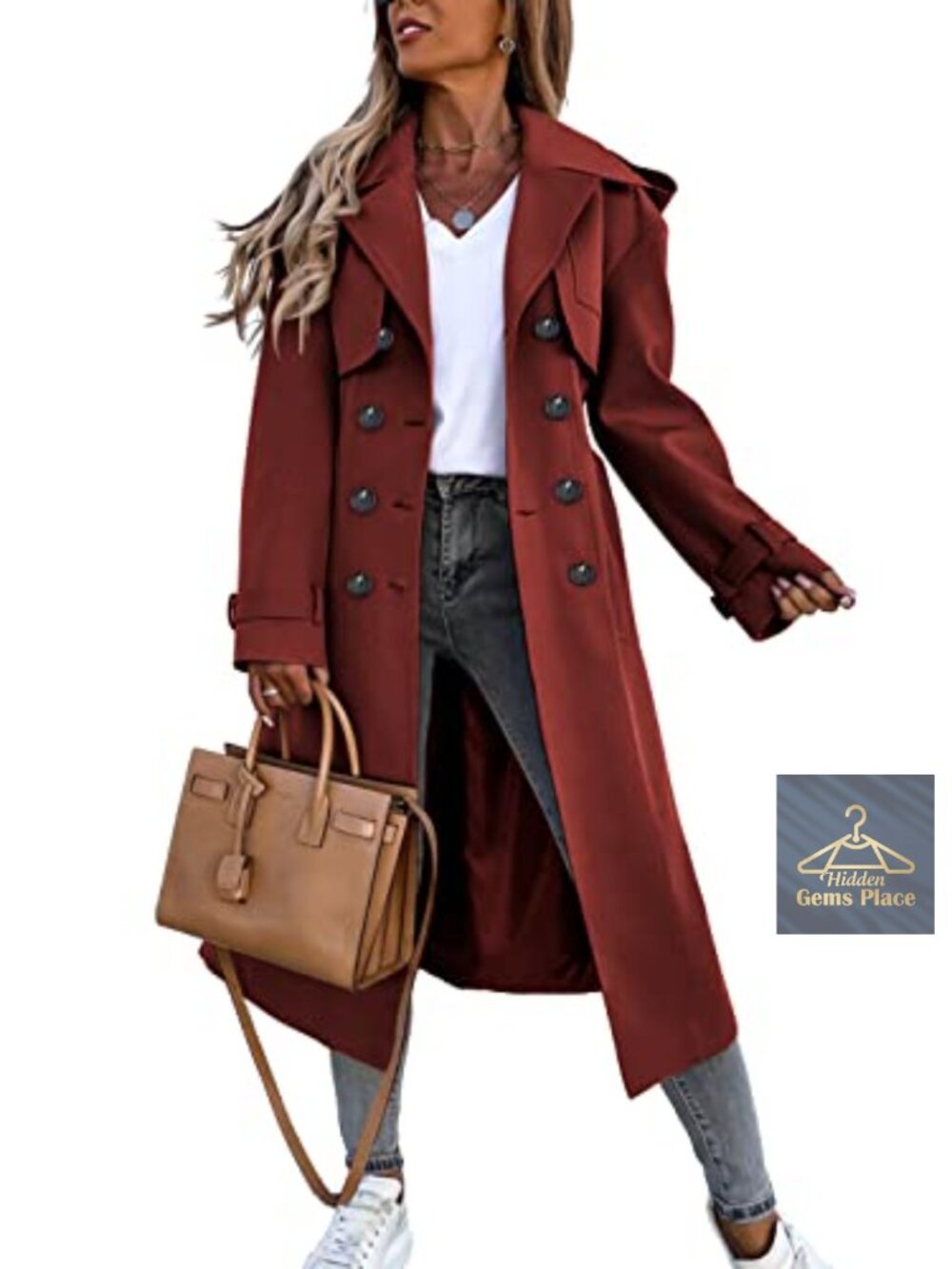 Women's Double Breasted Long Trench Coat Windproof Classic Lapel Belted